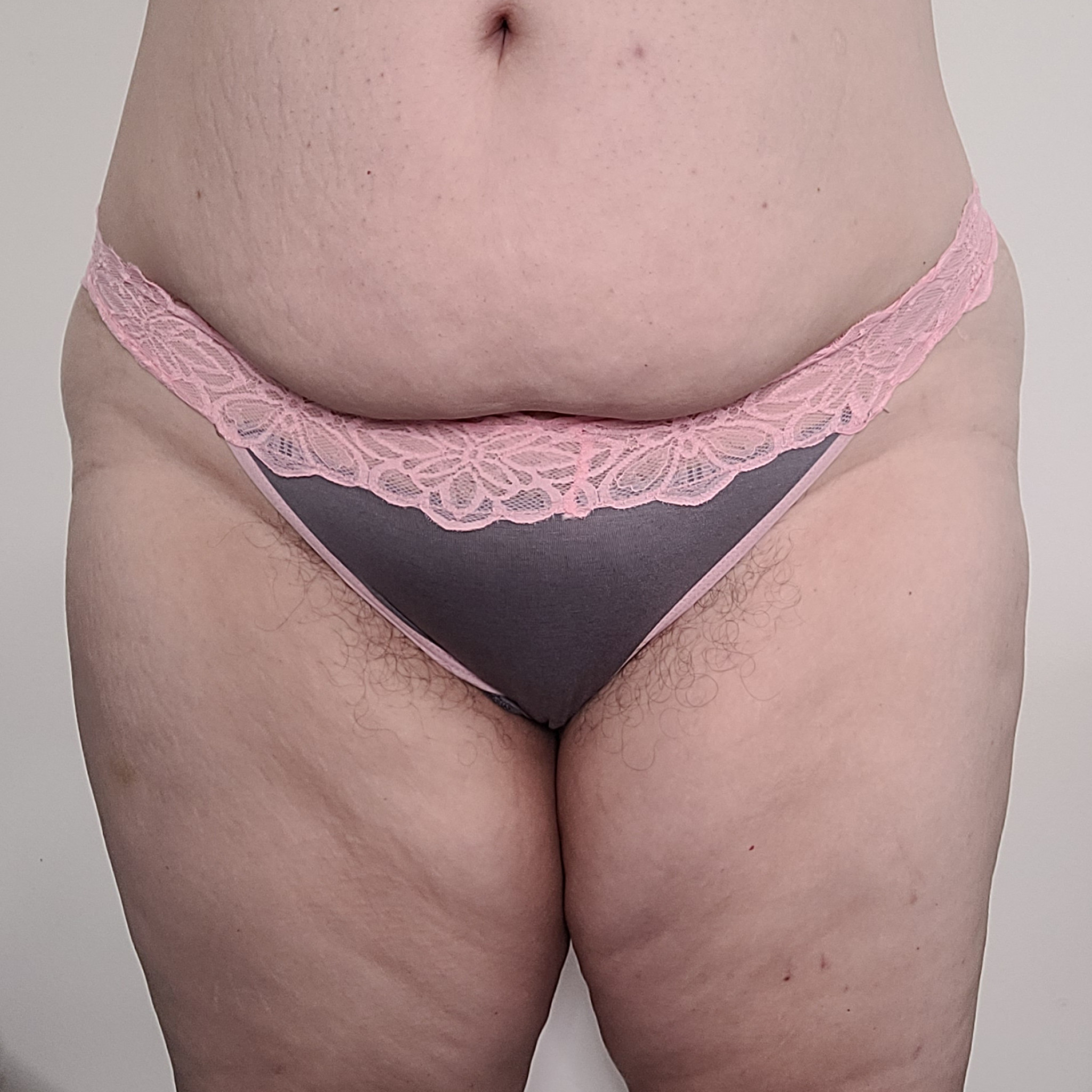 Pink and Grey Cotton and Lace Thong